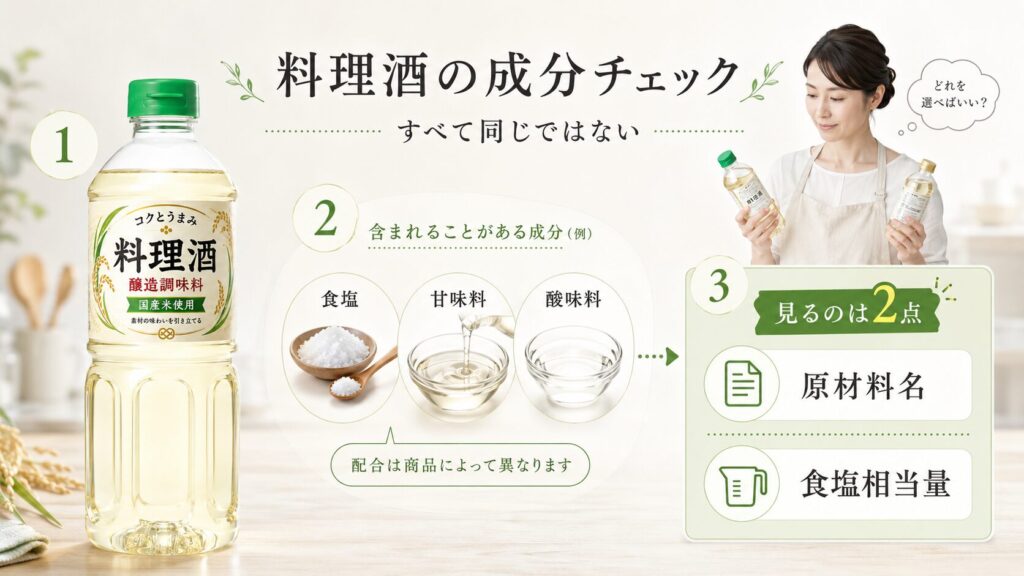料理酒には塩分・甘味料・酸味料が含まれることがある