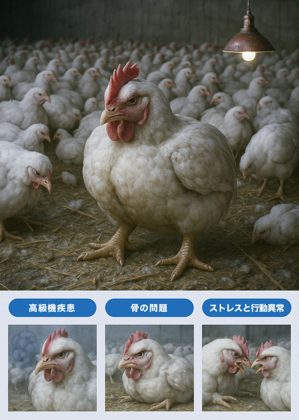 密飼(高密度飼育)がもたらす健康への影響。呼吸器疾患、骨の問題、ストレスと行動異常