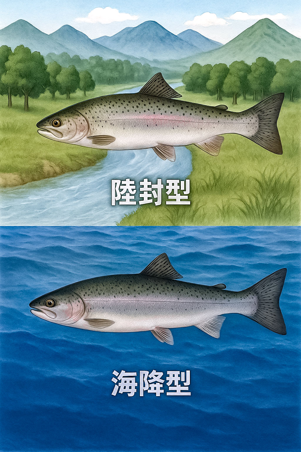 ニジマスには、海に下りて成長する「降海型」と、一生淡水で過ごす「陸封型」の2種類が存在します。