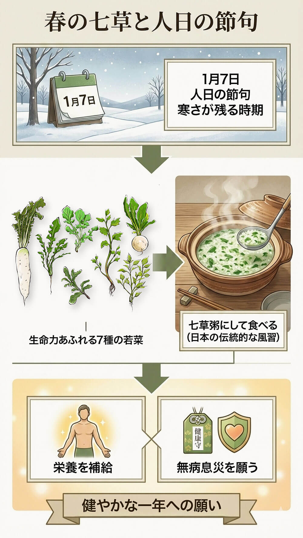 1月7日の「人日の節句（じんじつのせっく）」に七草粥にして食べる7種類の野草や野菜のことです