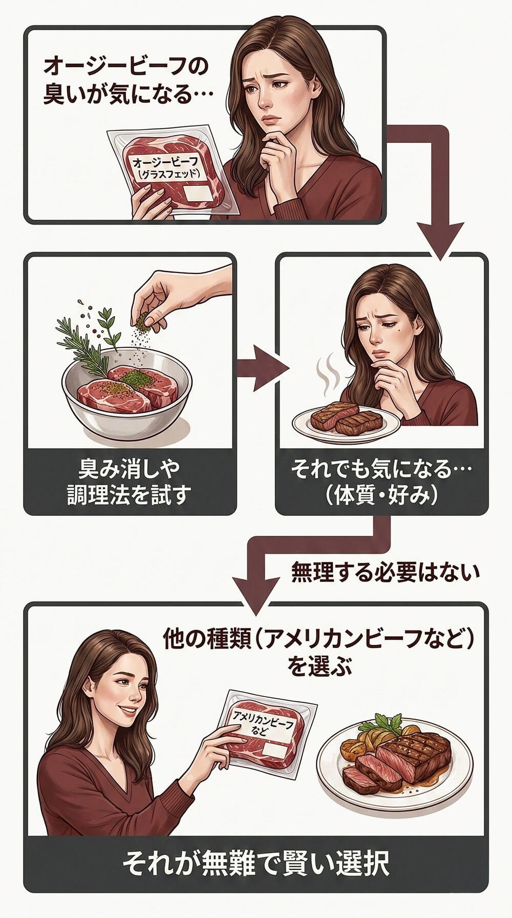 オージービーフ（グラスフェッド）の臭いを抑える処理や調理をするなら、アメリカンビーフなどの牛肉を購入したほうが無難です。