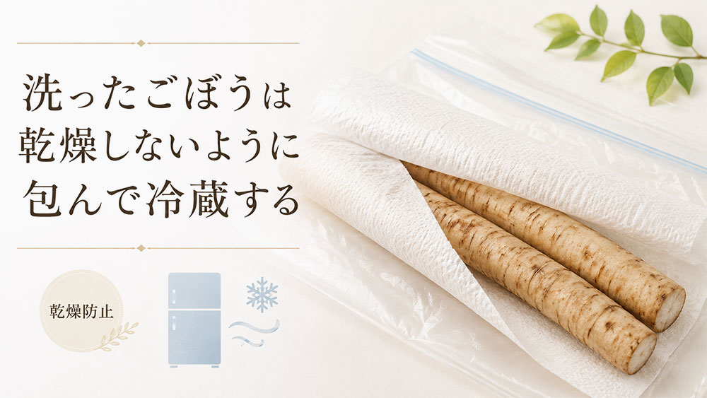 洗ったごぼうは乾燥しないように包んで冷蔵する