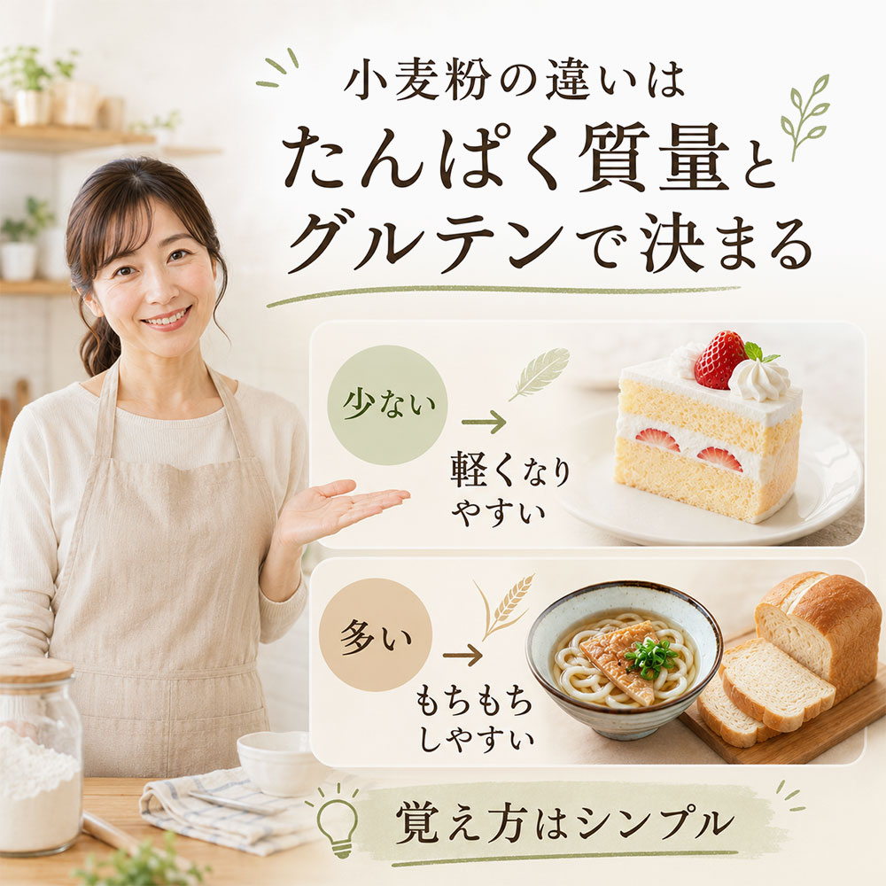 小麦粉の違いはたんぱく質量とグルテンで決まる