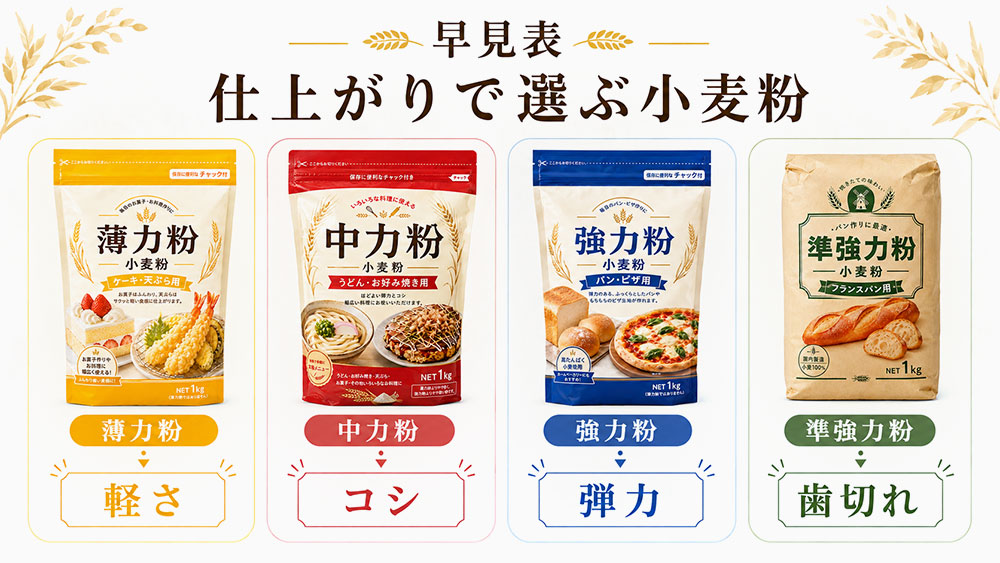 薄力粉・中力粉・強力粉・準強力粉の違い早見表