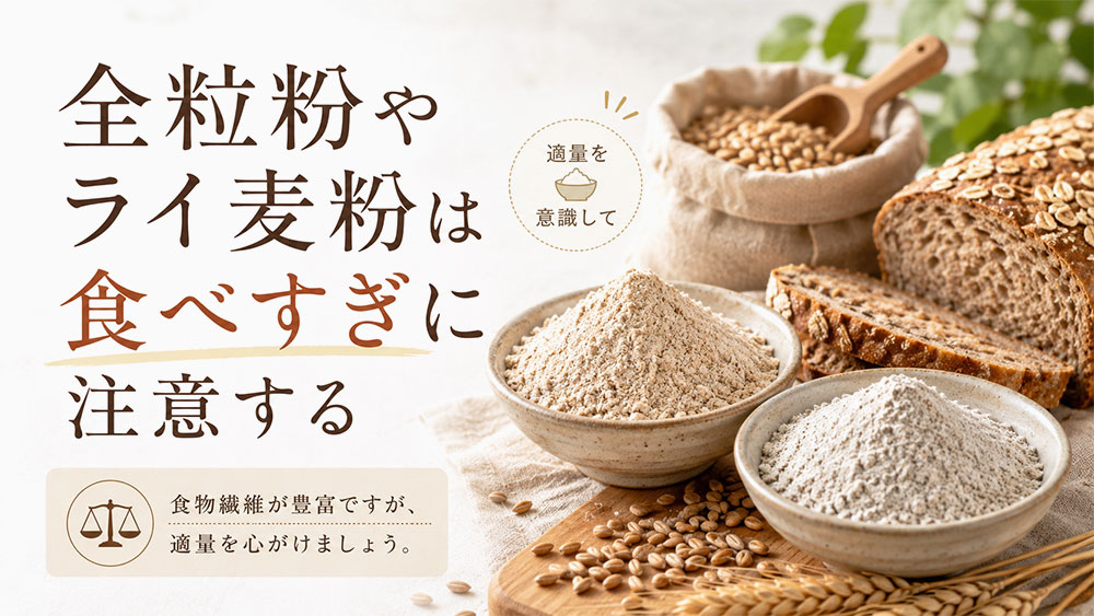 全粒粉やライ麦粉は食物繊維を含むが食べすぎには注意する