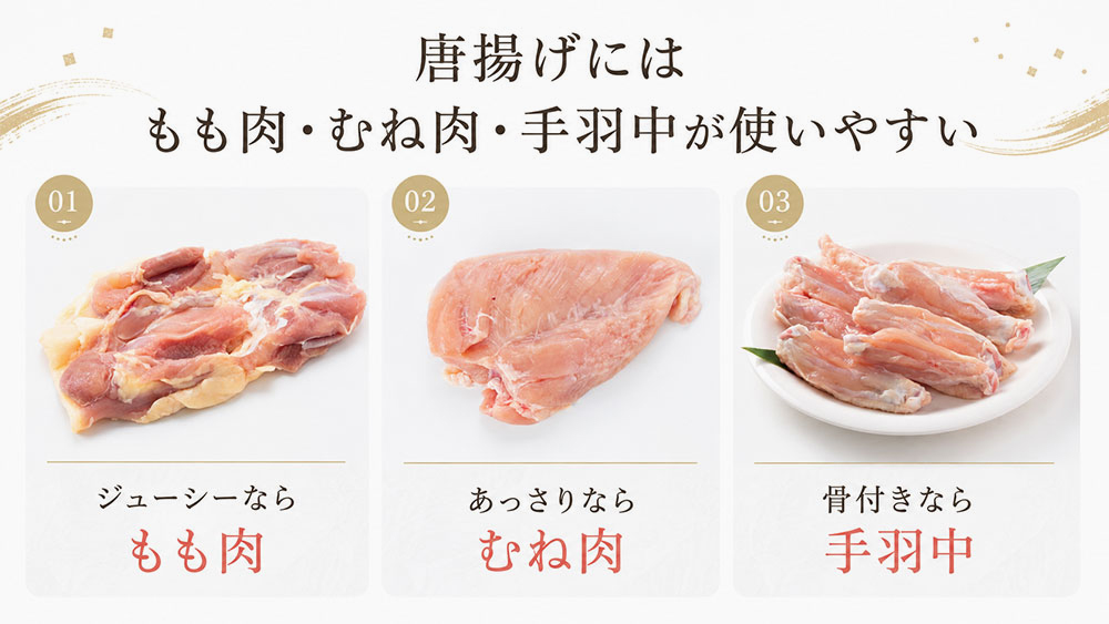 唐揚げにはもも肉・むね肉・手羽中が使いやすい