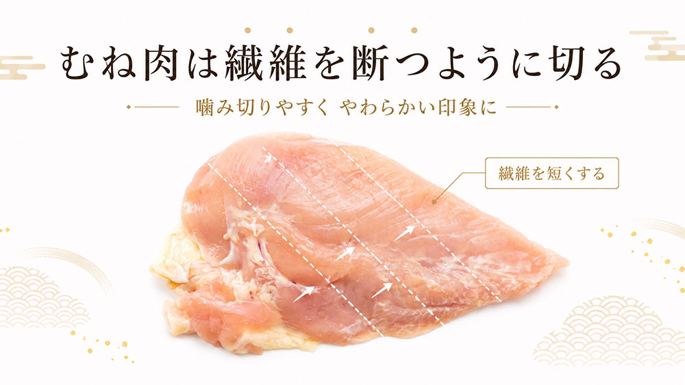 むね肉は繊維を断つように切るとやわらかく仕上がる