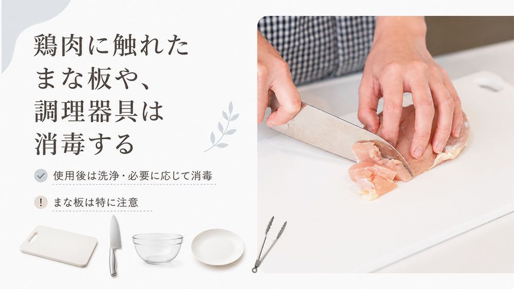 鶏肉に触れたまな板や、調理器具は消毒する