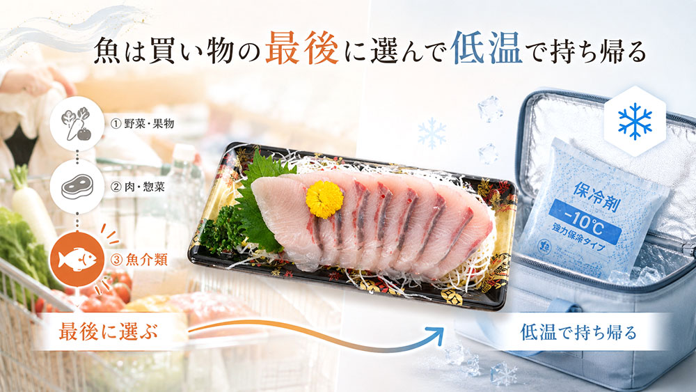 魚は買い物の最後に選んで低温で持ち帰る