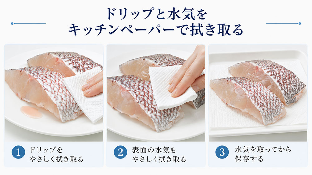 ドリップと水気をキッチンペーパーで拭き取る