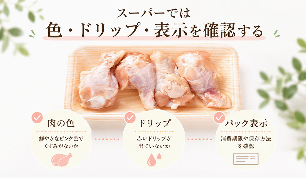 スーパーでは色・ドリップ・表示を確認する