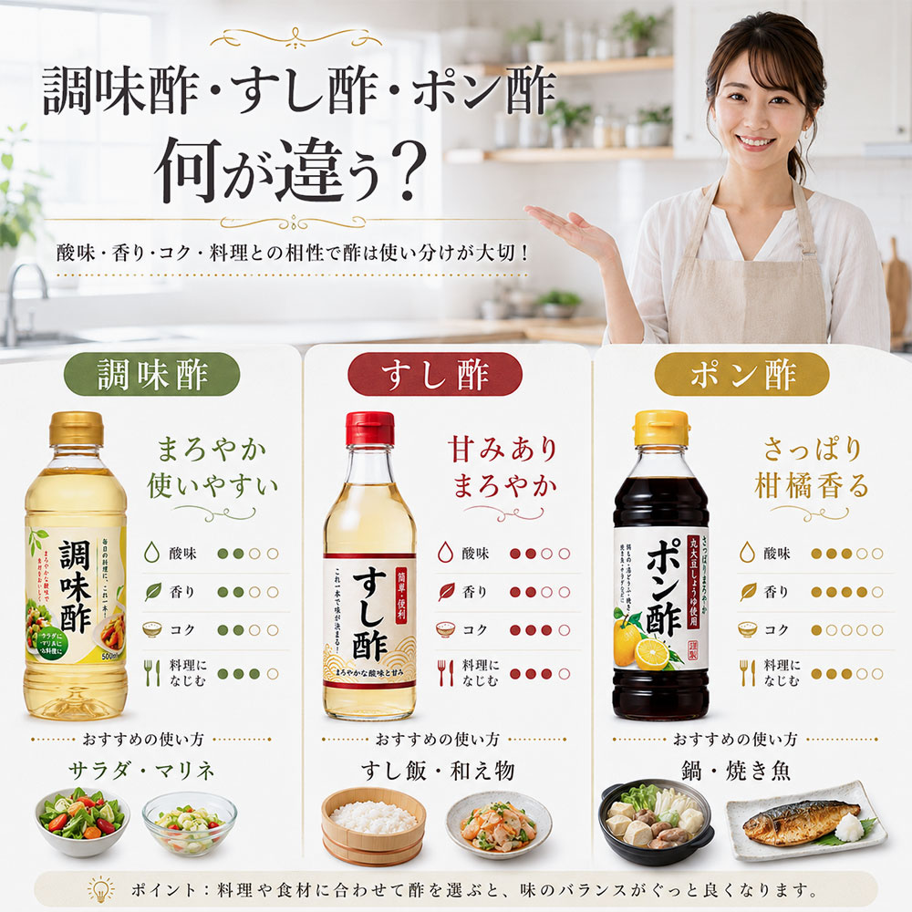 調味酢・すし酢・ポン酢は普通の酢と何が違う？