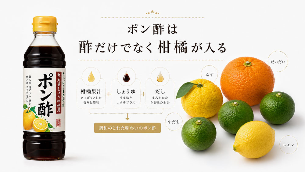ポン酢は酢だけでなく柑橘やしょうゆが入るものが多い