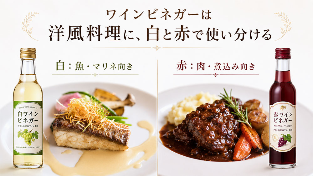 ワインビネガーは洋風料理に、白と赤で使い分ける