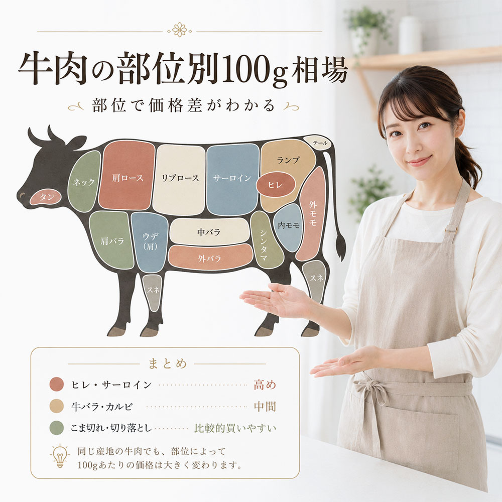 牛肉の部位別100g相場