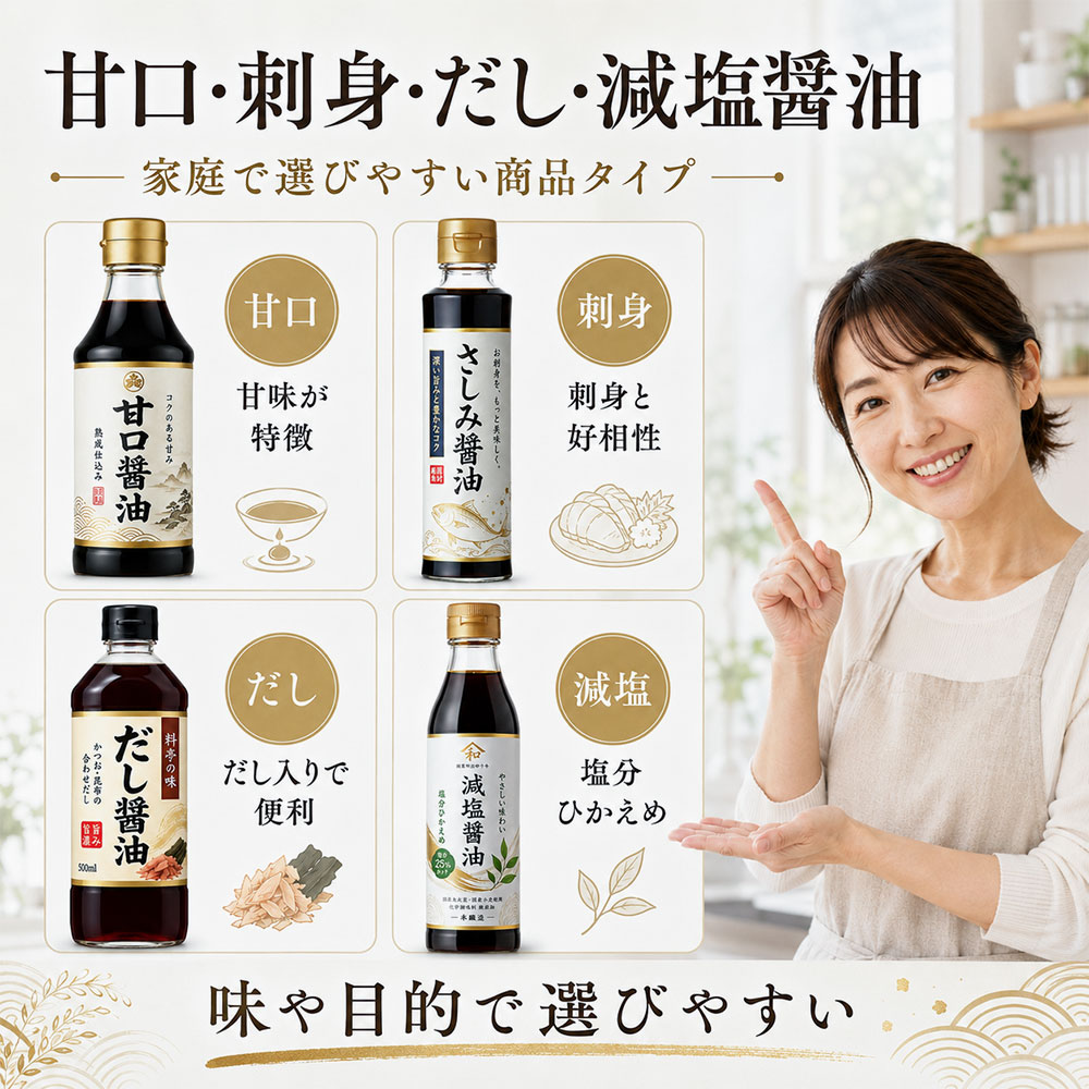 甘口・刺身・だし・減塩醤油の特徴