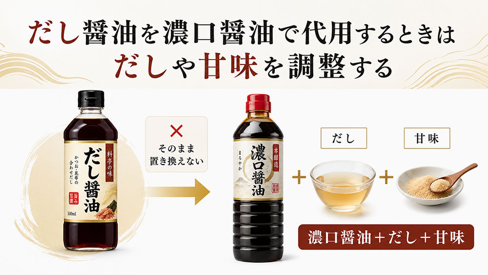 だし醤油を濃口醤油で代用するときはだしや甘味を調整する