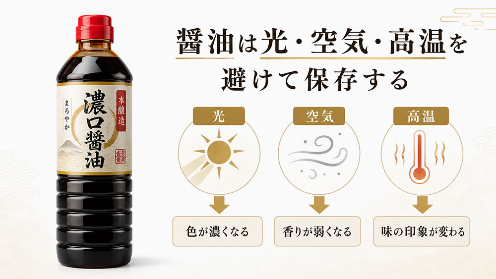 醤油は光・空気・高温を避けて保存する
