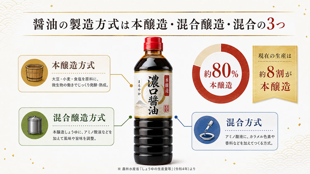 醤油の製造方式は本醸造・混合醸造・混合の3つ