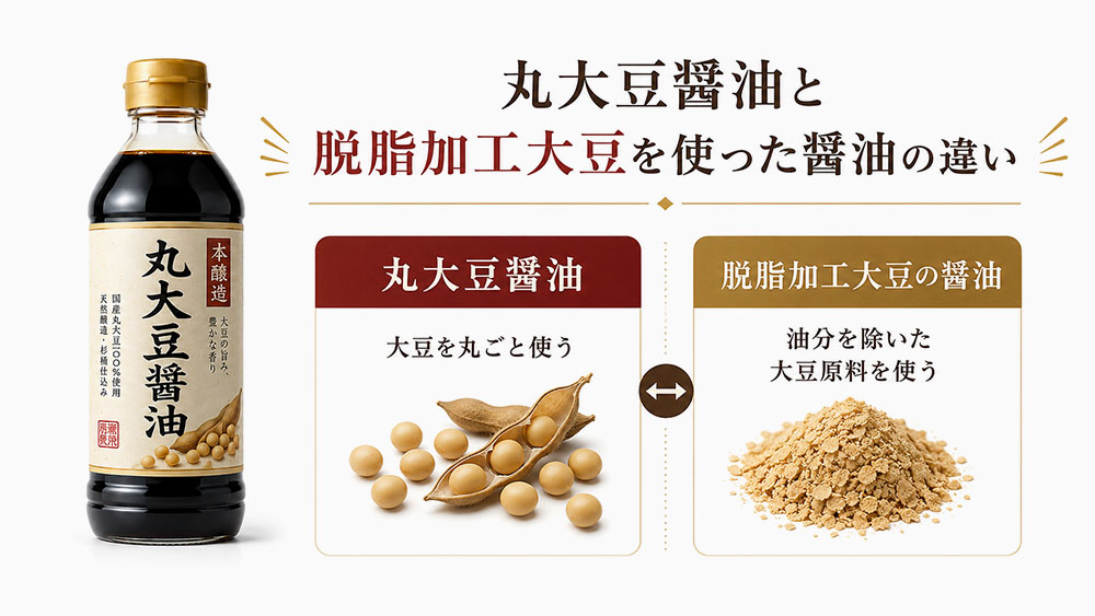 丸大豆醤油と脱脂加工大豆を使った醤油の違い