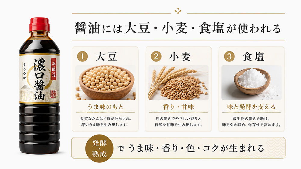 醤油には大豆・小麦・食塩が使われる