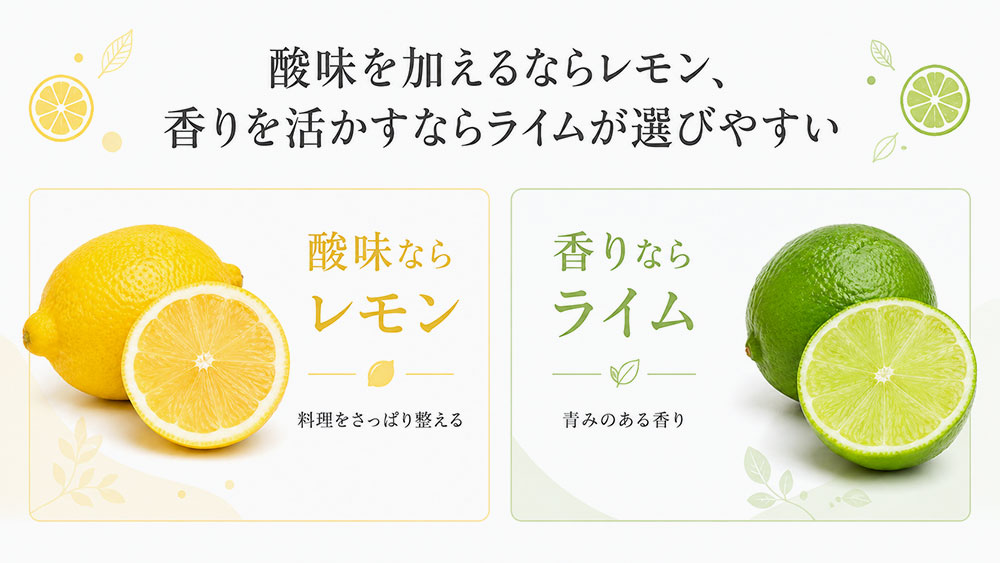 酸味を加えるならレモン、香りを活かすならライムが選びやすい