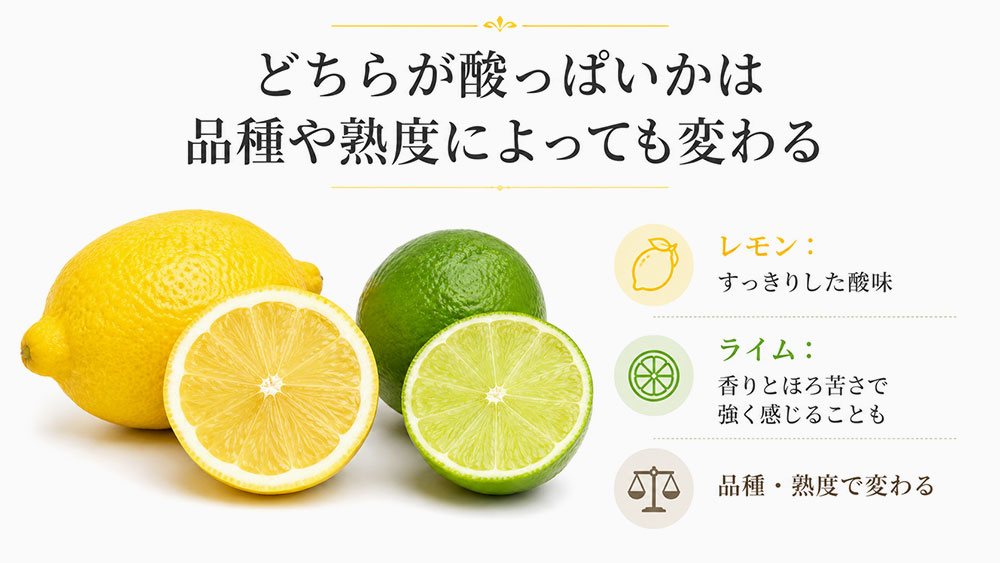 どちらが酸っぱいかは品種や熟度によっても変わる