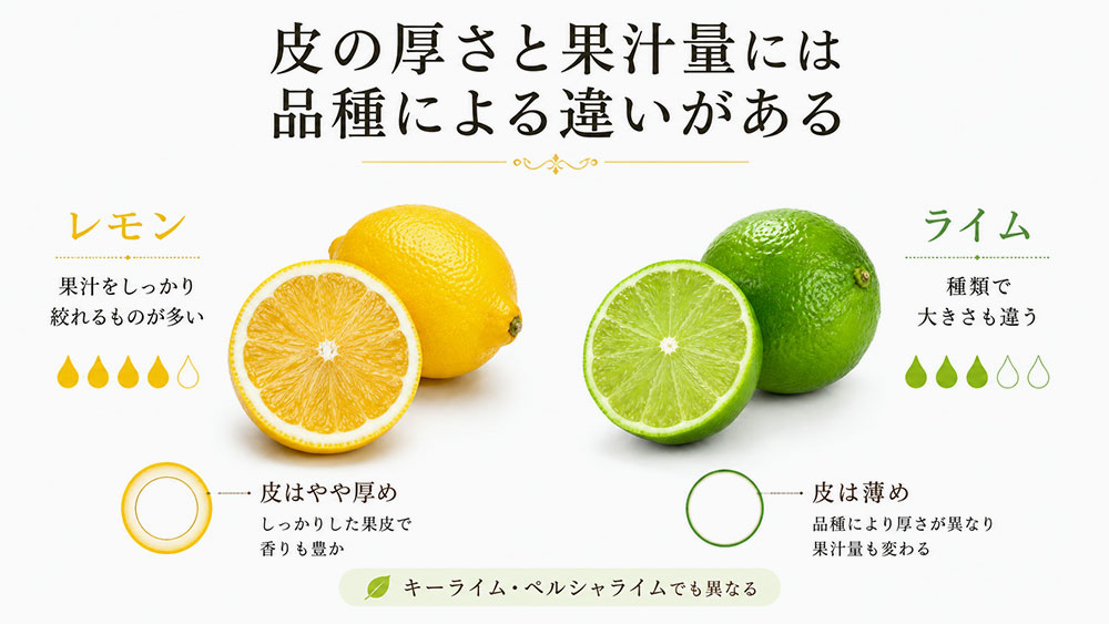 皮の厚さと果汁量には品種による違いがある