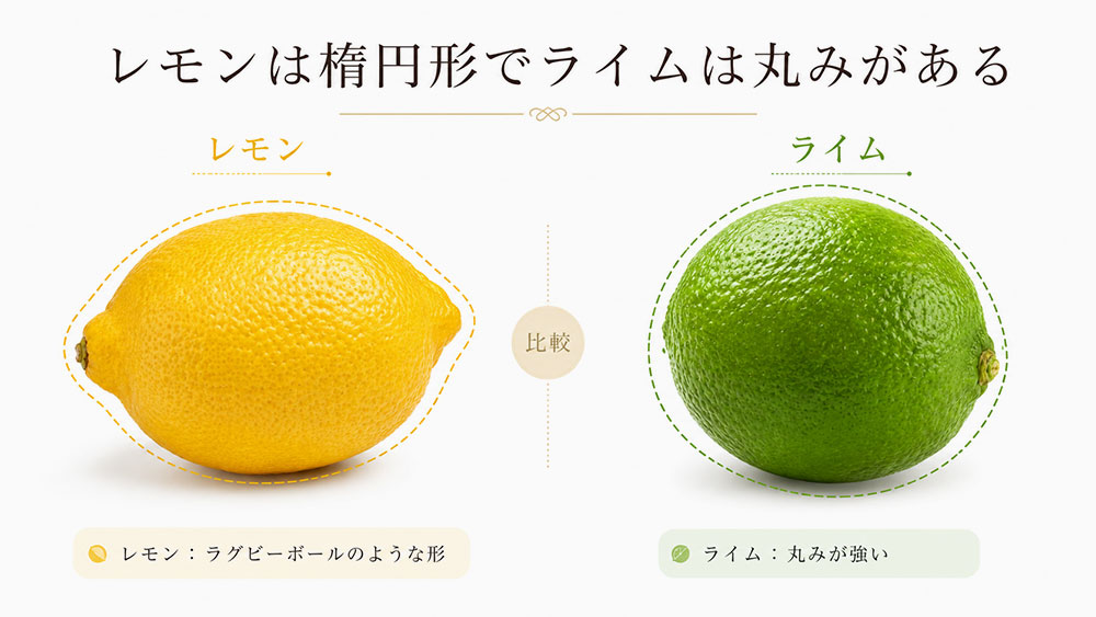レモンは楕円形でライムは丸みがある