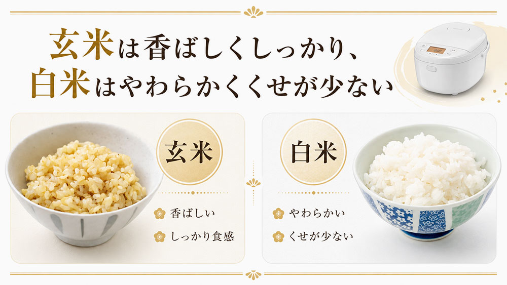 玄米は香ばしくしっかり、白米はやわらかくくせが少ない