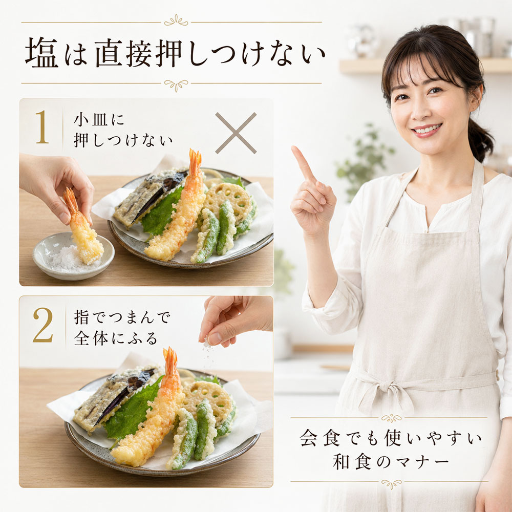 天ぷらへの塩のかけ方：塩は直接押しつけない