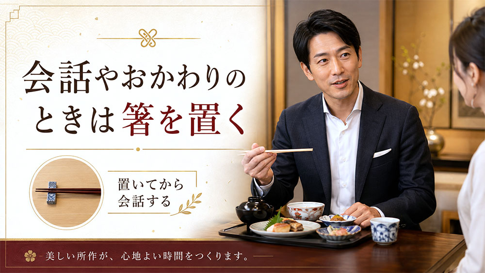 会話やおかわりのときは箸を置く