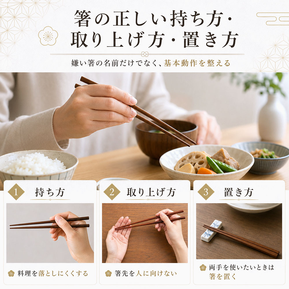 箸の正しい持ち方・取り上げ方・置き方