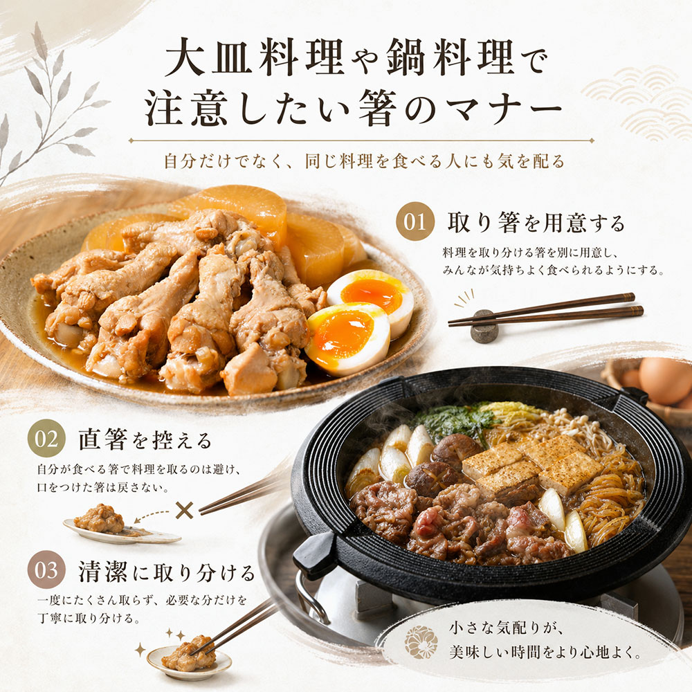 大皿料理や鍋料理で注意したい箸のマナー