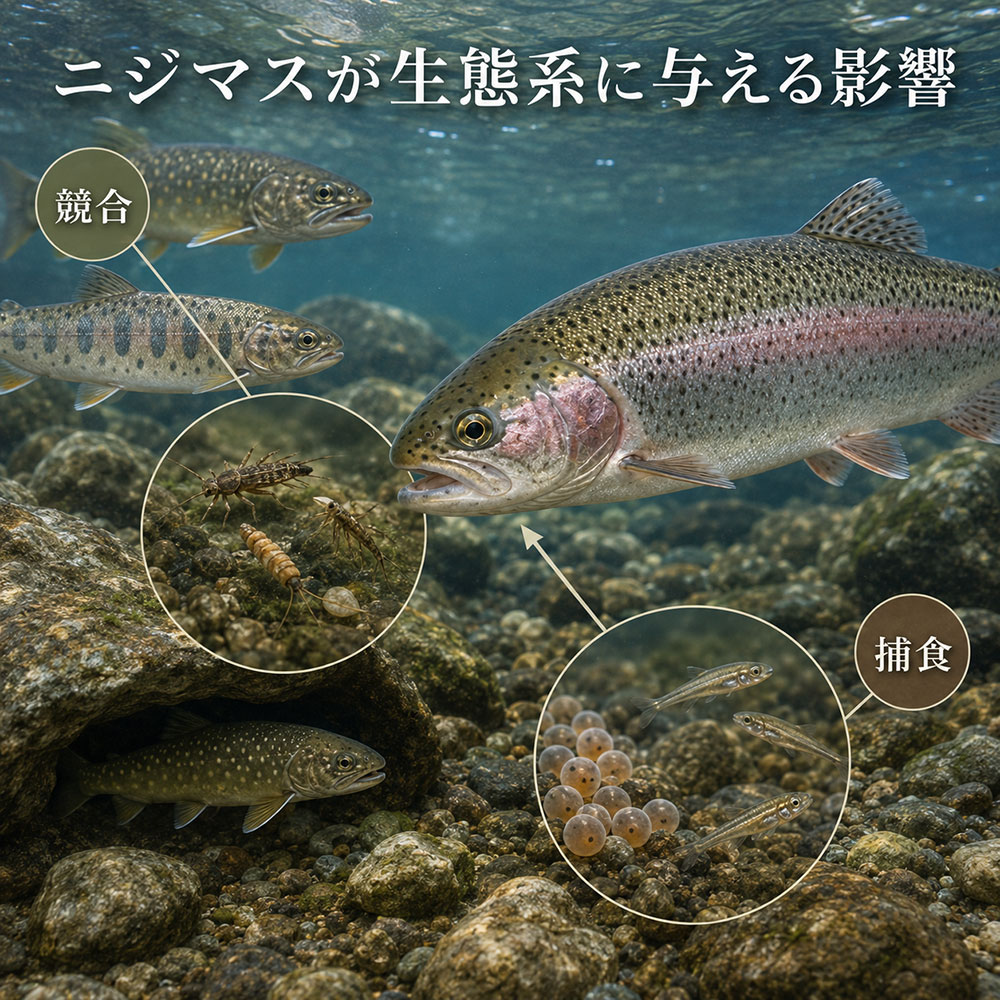 #ブログ記事のh3見出しの下に配置する画像を作りたいです。
指定したh3見出しの内容に沿った画像を作ってください。

#h3見出しの内容

'''
ニジマスは、本人が所有している魚であっても、好きな川や湖へ自由に放流できるわけではありません。

'''
#作成条件。
- テキストは明朝体にしてください。
- アスペクト比は16：9
- 3パターン（別々に3枚）作ってください。
- テキストは必要最低限の要点だけ書いてください。
- 画像は3パターン（別々に3枚）作ってください。
- アップロードした画像を使ってください。
#画像に挿入するテキスト「ニジマスはどこにでも放流できるわけではない」