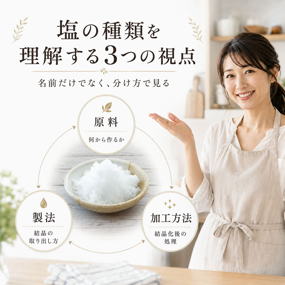 塩の種類は原料・製法・加工方法で分けて考える