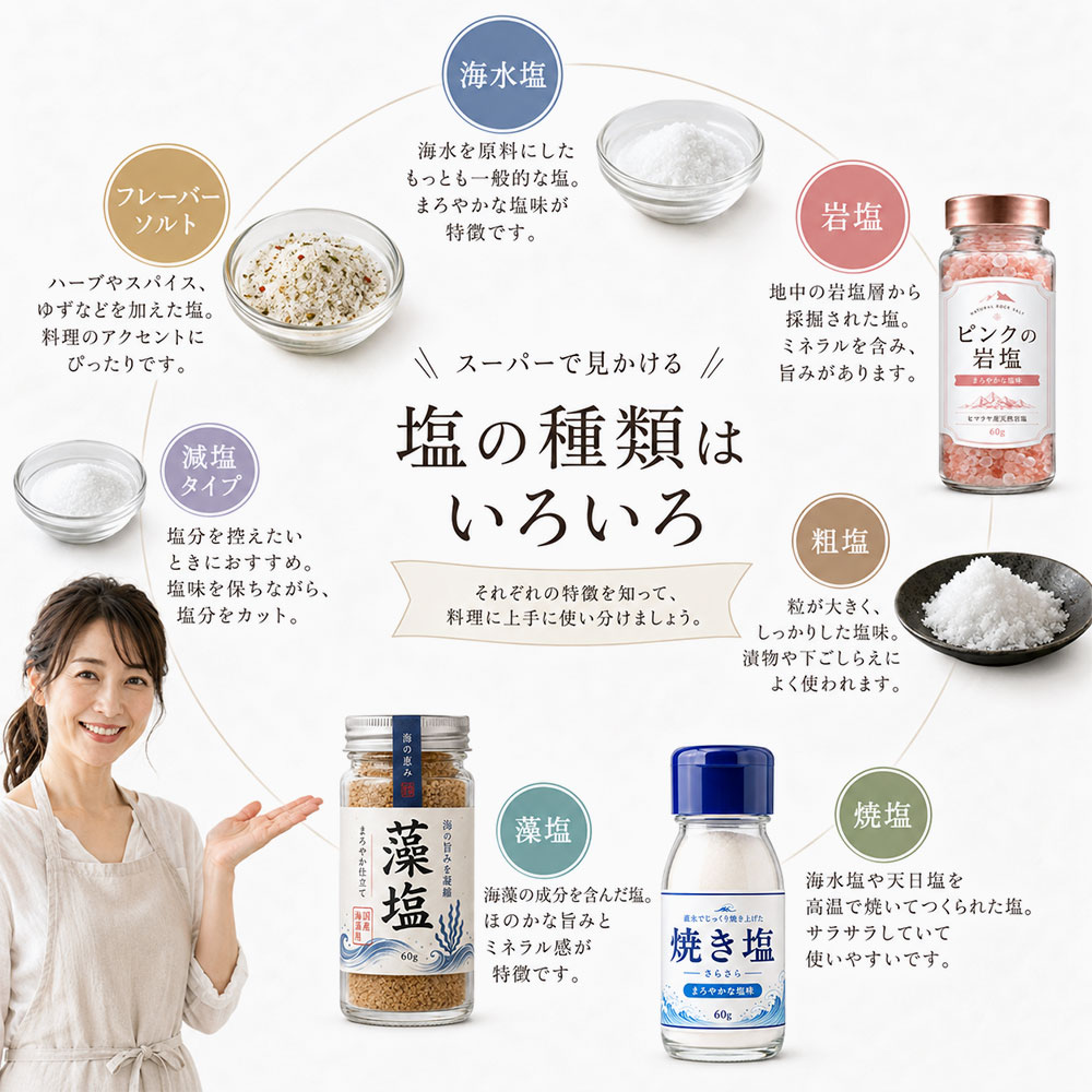 スーパーで見かける塩の種類と特徴