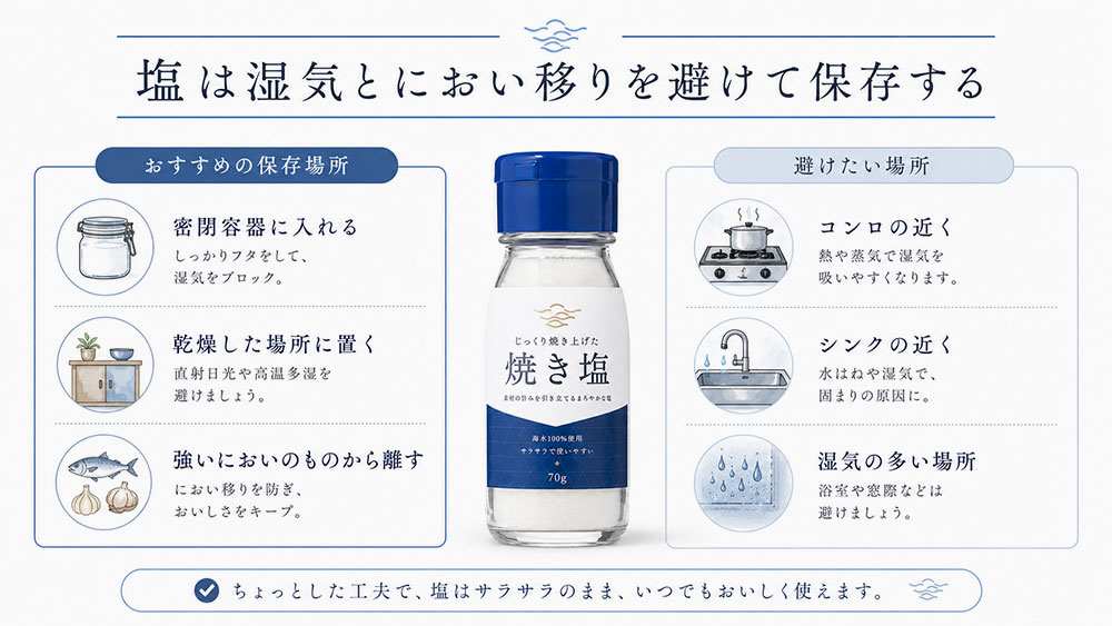 塩は湿気とにおい移りを避けて保存する