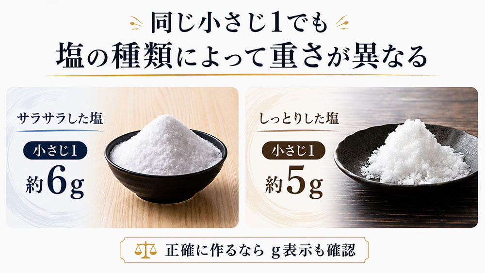 同じ小さじ1でも塩の種類によって重さが異なる
