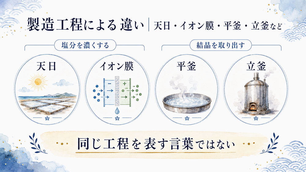製造工程による違い|天日・イオン膜・平釜・立釜など