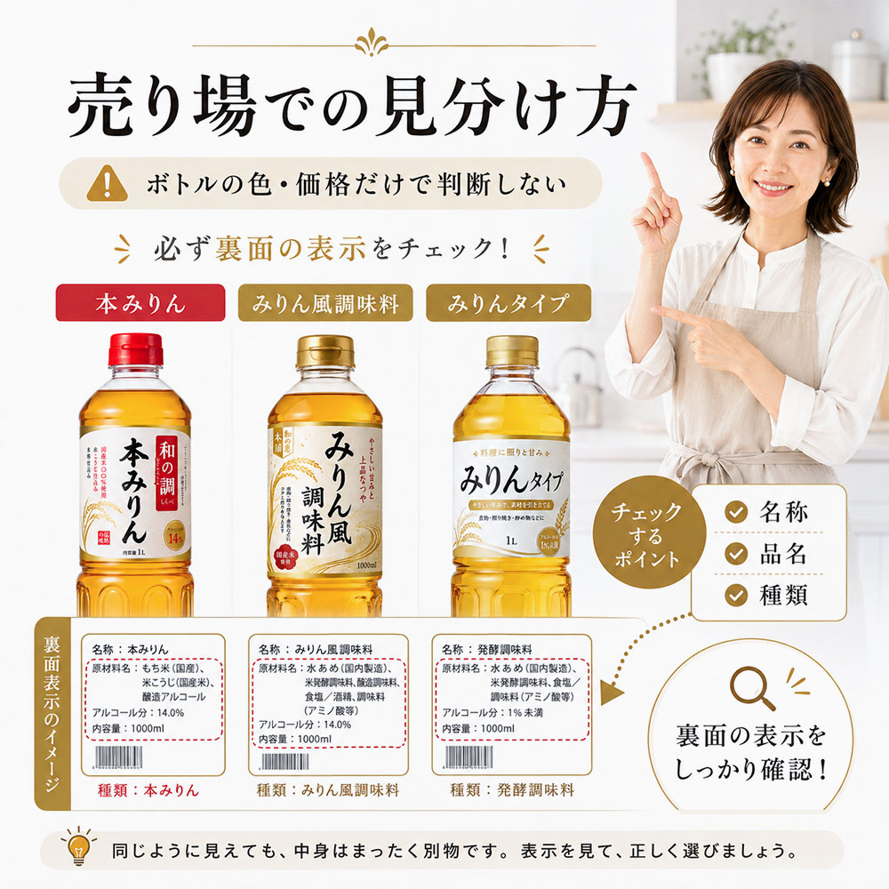 売り場で本みりん・みりん風調味料・みりんタイプを見分ける方法