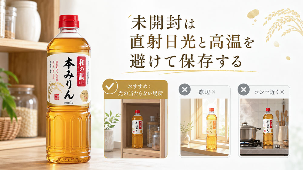 未開封は直射日光と高温を避けて保存する