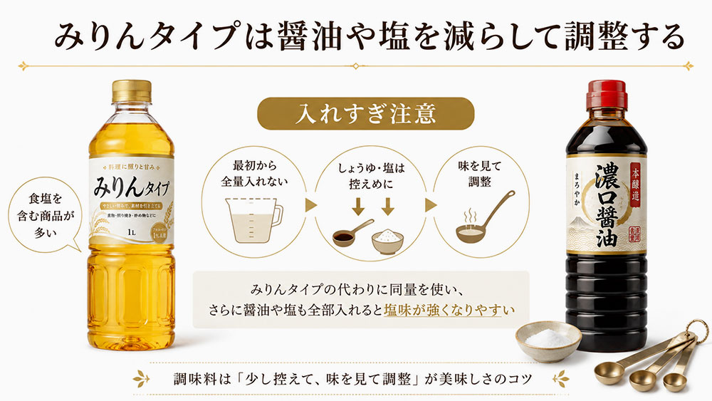 みりんタイプは醤油や塩を減らして調整する