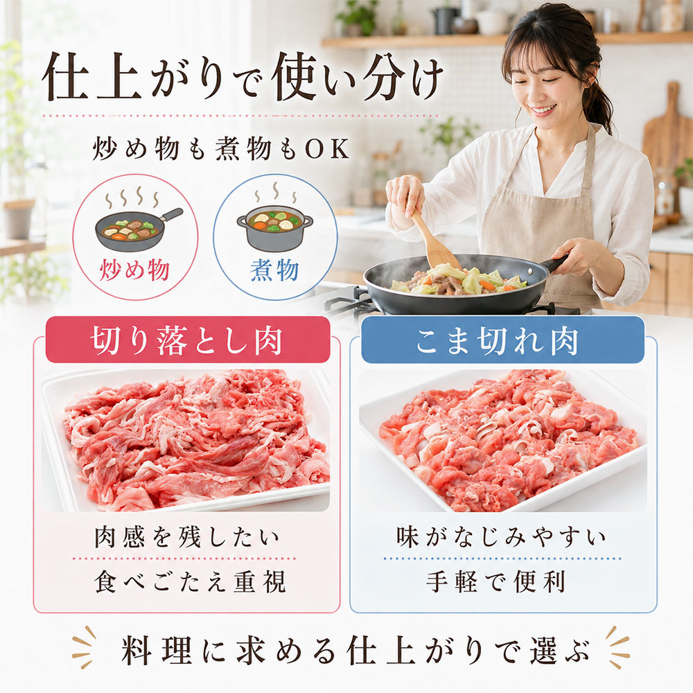 料理別に切り落とし肉とこま切れ肉を使い分ける