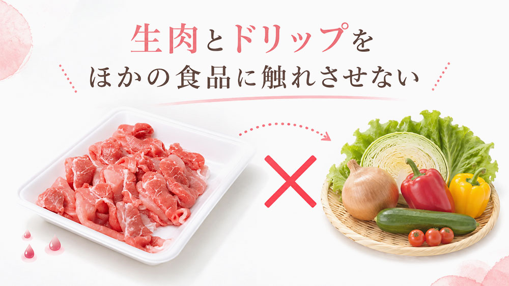 生肉とドリップをほかの食品に触れさせない