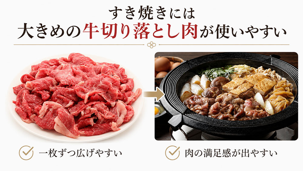 すき焼きには大きめの牛切り落とし肉が使いやすい