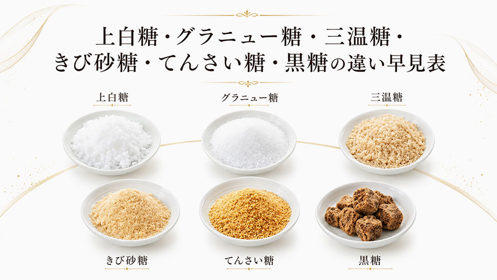 上白糖・グラニュー糖・三温糖・きび砂糖・てんさい糖・黒糖の違い早見表