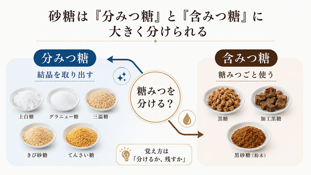 砂糖は「分みつ糖」と「含みつ糖」に大きく分けられる