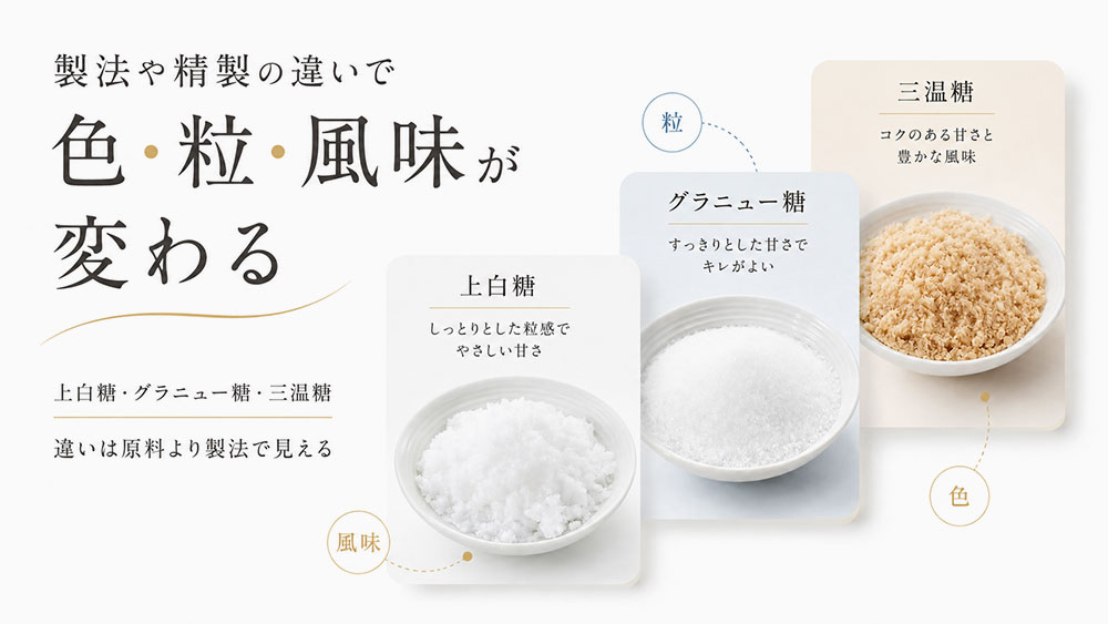 製法や精製の違いで色・粒・風味が変わる