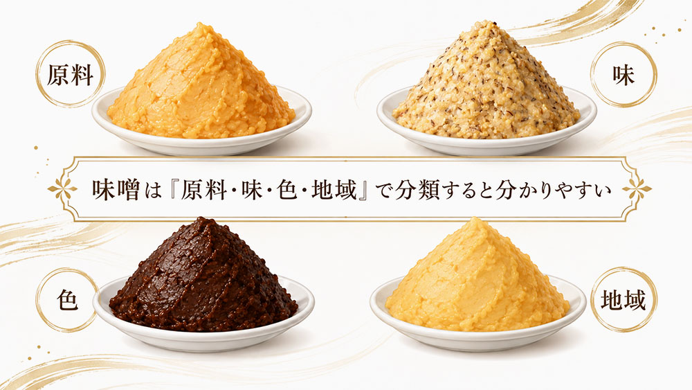 味噌は「原料・味・色・地域」で分類すると分かりやすい